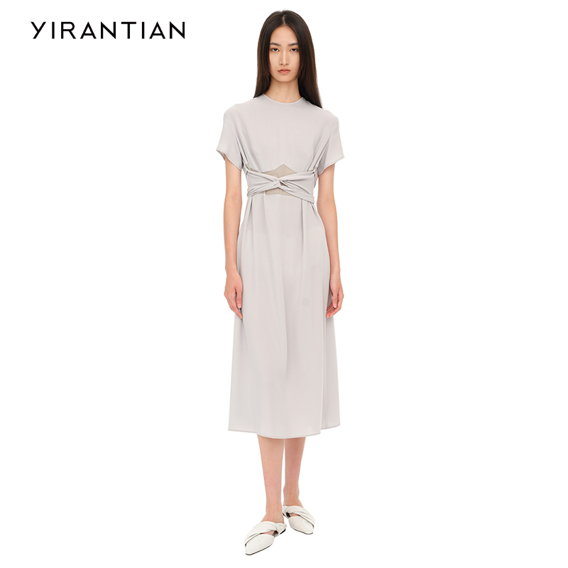 【YIRANTIAN】设计师质感圆领针织雪纺腰带缠绕短袖连衣裙女