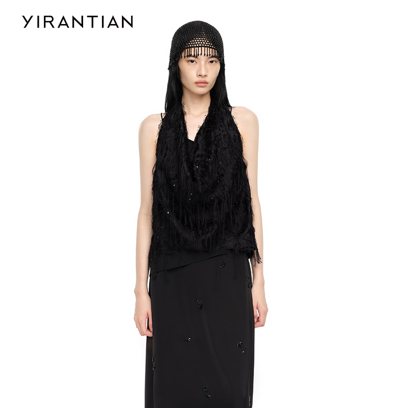 YIRANTIAN黑色流苏烫钻挂脖上衣