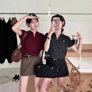 t恤黑色短袖 正肩针织衫 刺绣拉链套头polo衫 夏季 上衣女高级感 新款