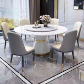 意式 岩板圆桌组合现代简约小户型轻奢大理石家用圆形转盘餐桌椅