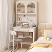 书桌书架一体电脑桌卧室家用办公桌女生白色奶油风小户型学习桌子