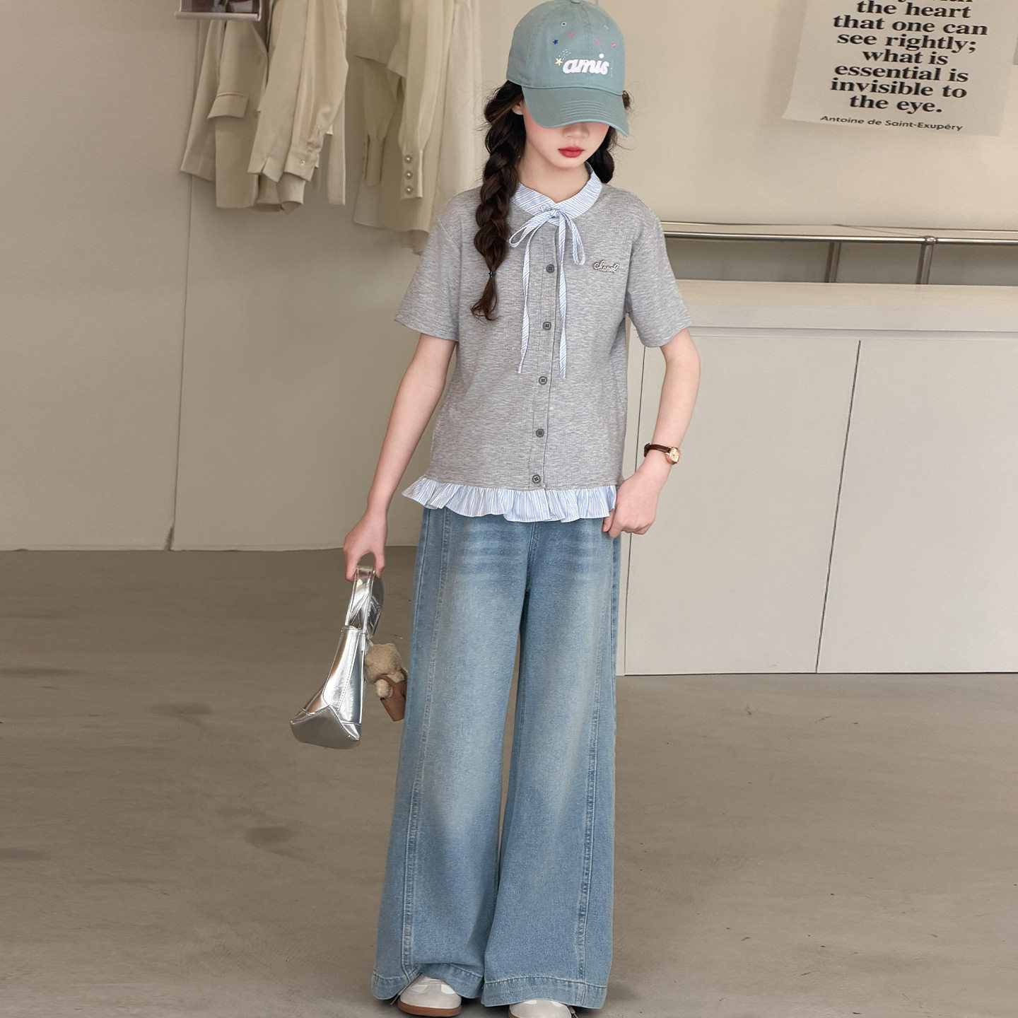 女童洋气套装2026春夏新款短袖韩系轻薄牛仔阔腿裤两件套夏季