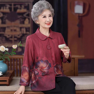 恒源祥60岁妈妈春秋装长袖衬衫中老年人女士薄款国风外套老奶奶翻