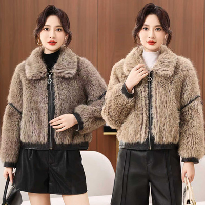 恒源祥冬季女式短款皮毛一体上衣中年妈妈收腰毛领皮草外套加厚保