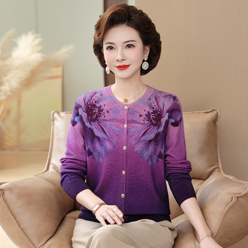 恒源祥妈妈装秋装100%羊毛衫外套女新款2025中老年洋气印花短款时,女装/女士精品,中老年女装,淘宝优惠券,粉丝福利购,淘宝优惠卷