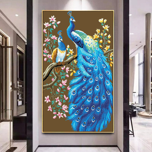 孔雀图玄关串珠绣竖版花开富贵