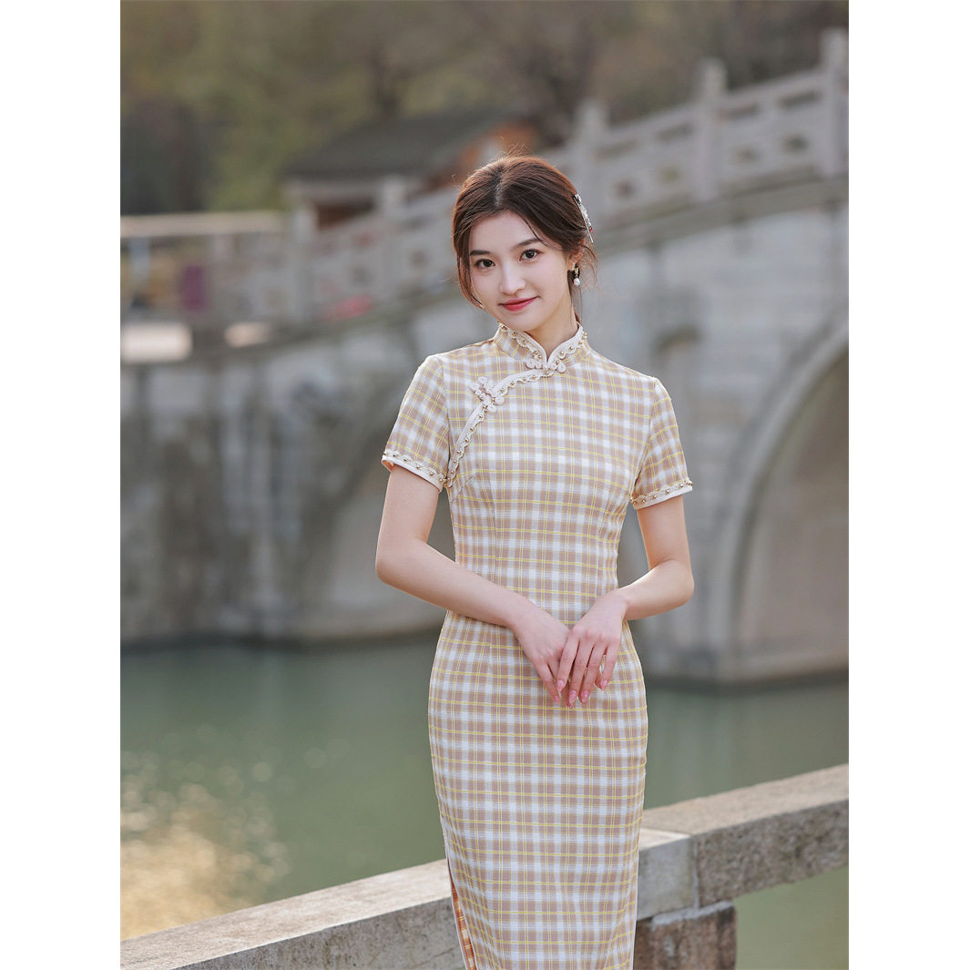 2026夏季款棉麻格子中长款旗旗袍