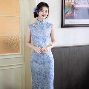 2026春夏新款旗袍仿正绢面料长款无袖新中式国风水墨画立领女旗袍