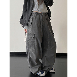 男女街头做旧抽绳阔腿裤 sun柚 裤 复古多口袋水洗宽松工装 子潮 美式