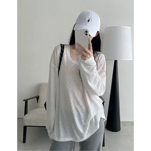 sun柚 U领大T恤毛边设计慵懒宽松长袖 打底衫 上衣女 私服天丝夏季