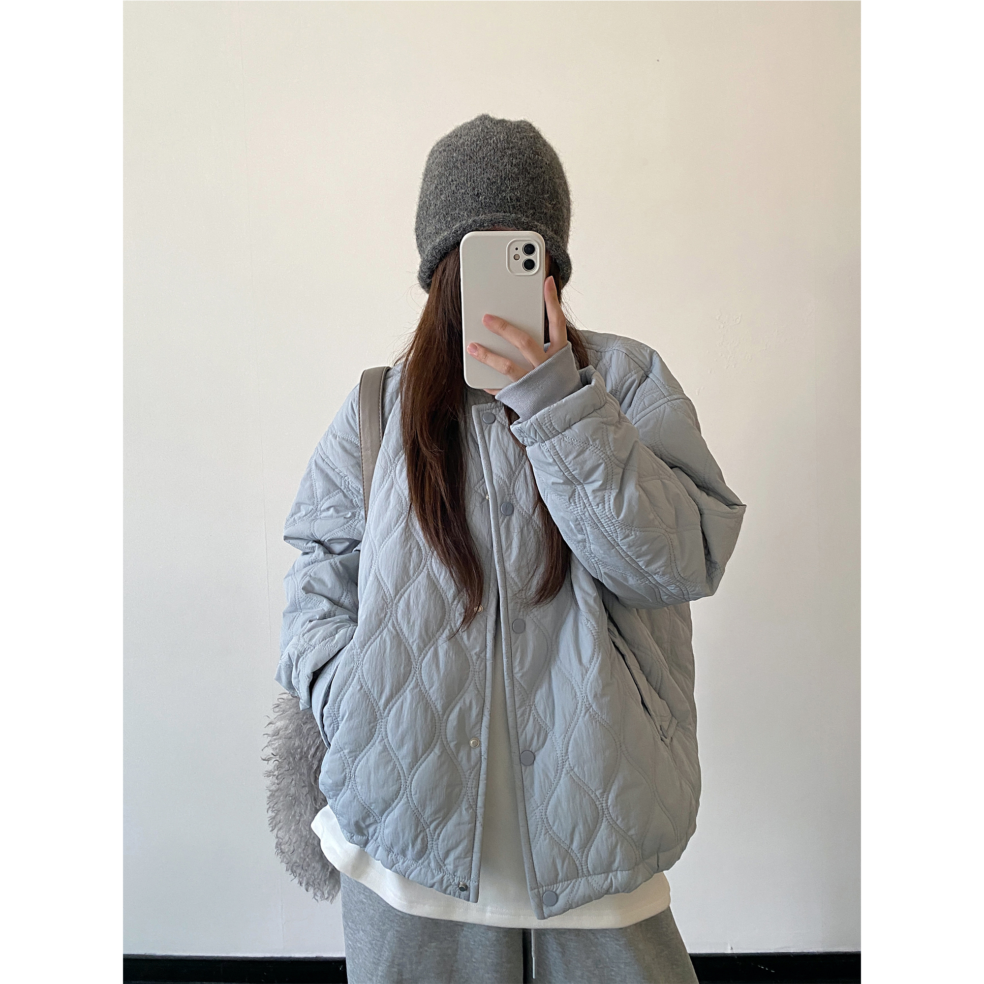 菱格棉服女秋冬轻薄保暖圆领外套