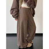 sun柚 女 休闲长裤 加厚复合卫裤 秋冬慵懒宽松紧腰显瘦条纹阔腿裤