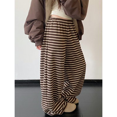 松紧腰显瘦条纹阔腿裤休闲长裤女