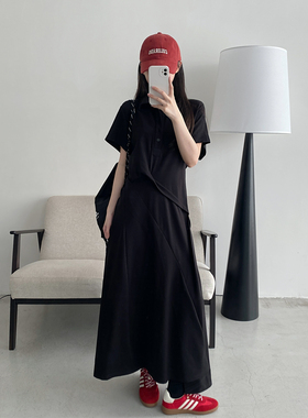 sun柚 紫色Polo领不规则T恤连衣裙女夏季韩系设计感修身收腰A字裙