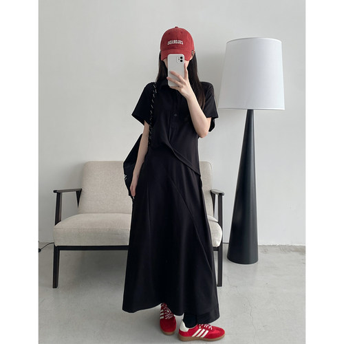 夏季韩系Polo领修身A字T恤裙