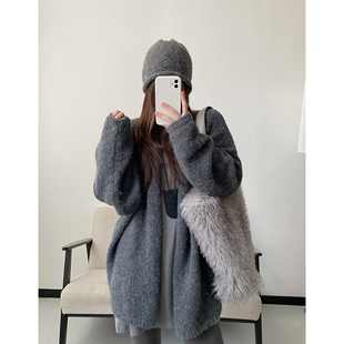 羊毛开衫 女新款 外套宽松上衣 黑色松弛气质绑带设计感秋冬季 sun柚