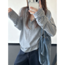sun柚 慵懒季节'轻盈微弹力棉半开门襟撞色条纹连帽T恤女长袖宽松