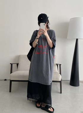 蕾丝花边长款短袖连衣裙女裙子