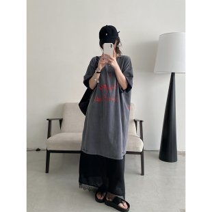 连衣裙女 短袖 sun柚 破坏做旧巴黎风情人节系列蕾丝花边长款