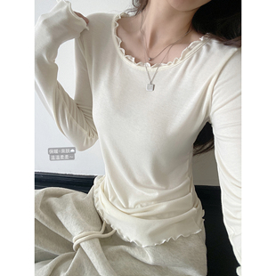 sun柚 上衣 白茶&高品质秋冬加厚加密木耳花边微笑领内搭打底衫