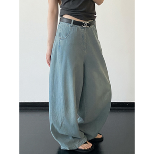 sun柚 做旧复古蓝立体拼缝长裤 子阔腿牛仔裤 女 冰美海盐&春夏季