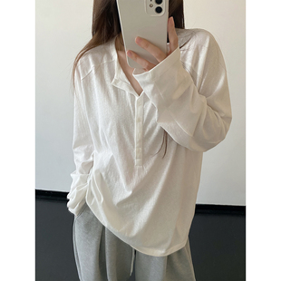 爆款 t恤女春夏新款 流行休闲百搭慵懒风上衣 白色亨利领长袖 sun柚