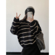 口圆领落肩宽松毛衣女秋冬款 sun柚 玩转色系条纹撞色粗针灯笼袖