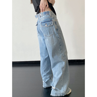 sun柚 休闲春夏季 通勤阔腿长裤 水洗磨烂可调节后腰宽松系扣牛仔裤