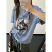 t恤通勤春夏季 sun柚 涂鸦感趣味印花短袖 圆领宽松蓝色纯棉上衣女