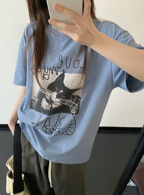 sun柚 涂鸦感趣味印花短袖t恤通勤春夏季圆领宽松蓝色纯棉上衣女