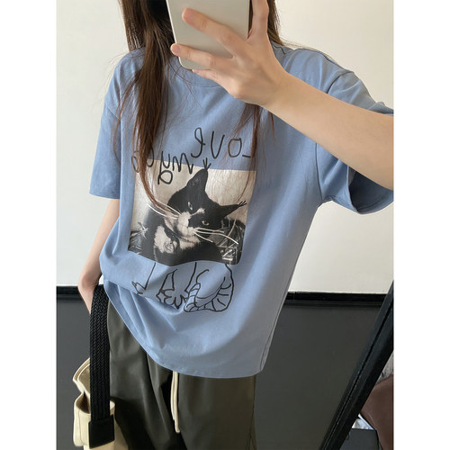 印花短袖t恤夏季圆领蓝色上衣女