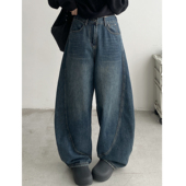 清仓价 直筒镰刀牛仔裤 女秋冬季 新款 通勤宽松弯刀阔腿拖地裤