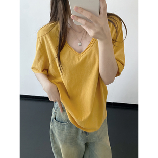 sun柚 舒适老钱 休闲常规V领毛边简约纯色短袖T恤女宽松条纹上衣