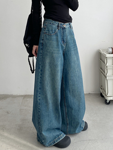 女显瘦直筒拖地裤 sun柚 蓝色阔腿宽松牛仔裤 春秋美式 子 2025年新款