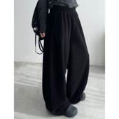 sun柚 女 加绒高腰垂感休闲运动米白色直筒阔腿长裤 香蕉卫裤 秋冬季