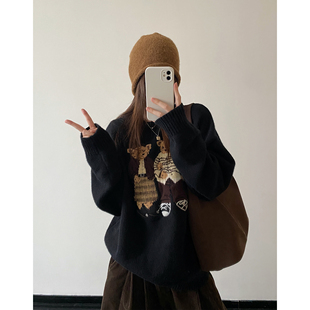 sun柚 复古卡通小熊提花圆领针织衫女秋冬百搭新款宽松小个子毛衣