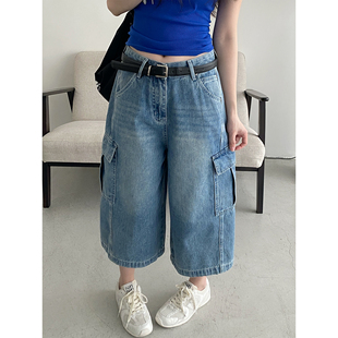 sun柚 重工酵洗多口袋蓝色宽松百搭工装风七分裤牛仔裤女夏阔腿