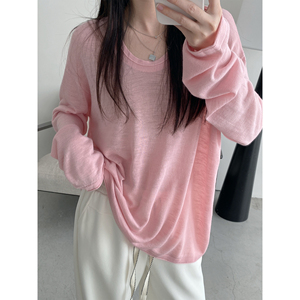 sun柚 超细支亚麻混纺通勤百搭上衣小圆领轻氧系针织长袖T恤