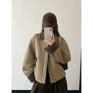 龟背感灯芯绒拼接绗缝拉链棉服外套 老钱风弯刀袖 sun柚 黑糖格巧