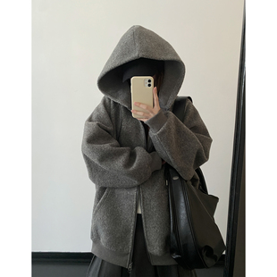 sun柚 素颜卫衣高克重加厚毛呢质感拉链连帽卫衣外套女慵懒风 冬季