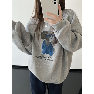 sun柚 新疆棉宽松型重磅加厚加绒保暖显瘦圆领眼镜小狗印花卫衣女