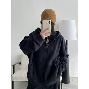 加绒加厚休闲连帽外套 廓形双拉链卫衣女冬季 sun柚 重磅磨毛拉绒