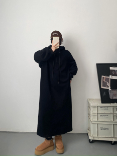 胖mm慵懒休闲加绒加厚连帽卫衣裙 宽松大码 sun柚 冬韩版