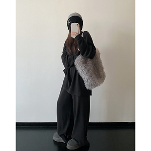 松紧腰直筒长裤 宽松休闲圆领长袖 懒人羊绒桑蚕丝套装 sun柚