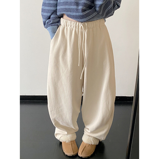 阔腿卫裤 松紧腰纯色秋冬季 软糯加绒立体剪裁宽松哈伦休闲裤 sun柚