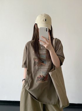 sun柚 雾棕画境 复古油画印花短袖T恤女夏纯棉宽松慵懒圆领上衣