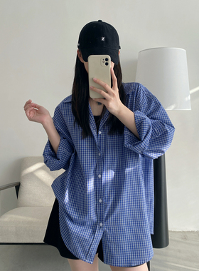sun柚 美式复古蓝色格子衬衫长袖男女高级感休闲宽松春夏衬衣外套