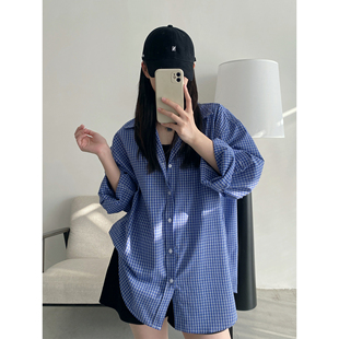 sun柚 美式复古蓝色格子衬衫长袖男女高级感休闲宽松春夏衬衣外套