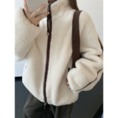 sun柚 皮毛一体秋冬设计感保暖显瘦百搭撞色织带拼接羊羔毛外套