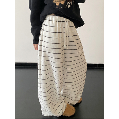 条纹宽松直筒松紧腰休闲阔腿裤